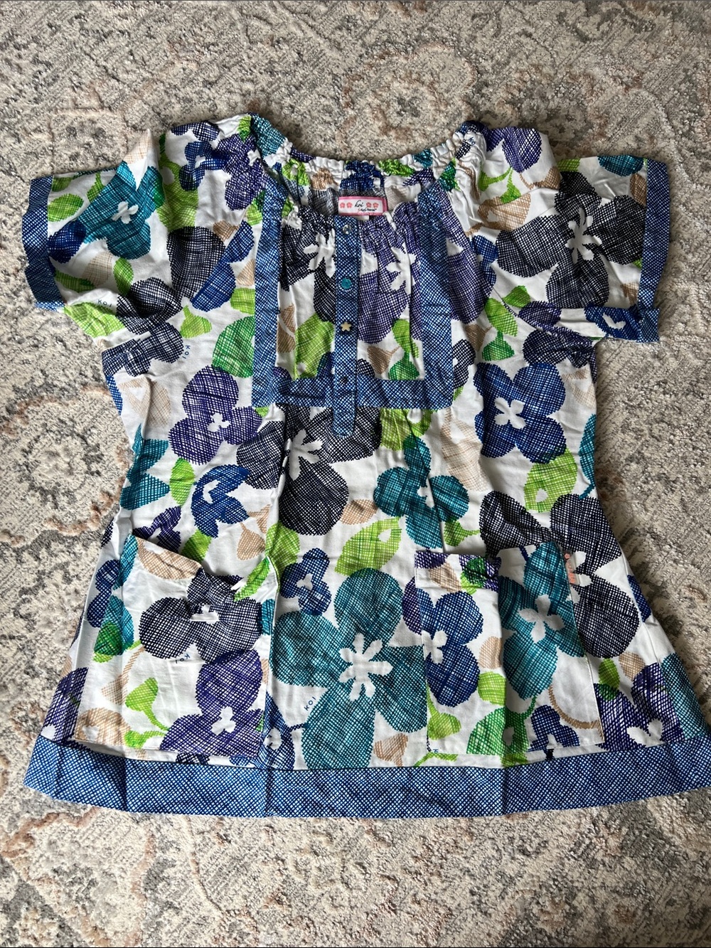koi Floral Scrub Top in Blue, Teal, Green, Navy, Tan on White